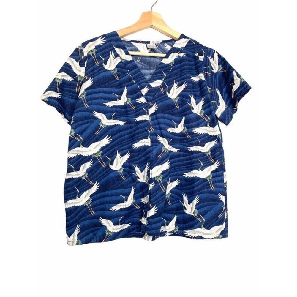 Millennium Scrubs Womens Scrub Top Blue White Storks Short Sleeve Cotton USA S